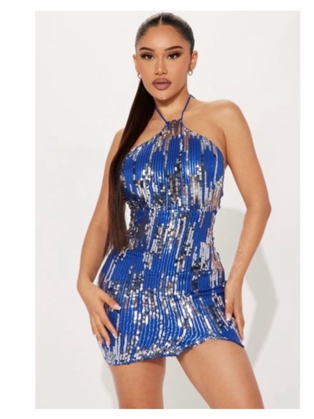 Fashion Nova Blue Sequin Halter Mini Dress